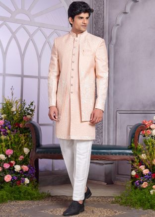 Readymade Peach Embellished Indo Western Sherwani Set