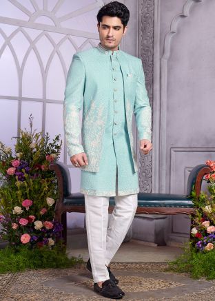 Readymade Blue Embellished Indo Western Sherwani Set