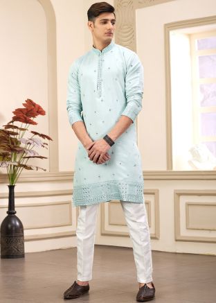 Blue Embroidered Kurta Pajama In Art Silk