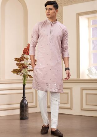 Pink Embroidered Kurta Pajama In Art Silk