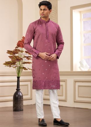 Pink Embroidered Kurta Pajama In Art Silk