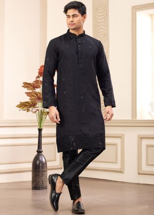 Black Embroidered Men Kurta Pajama