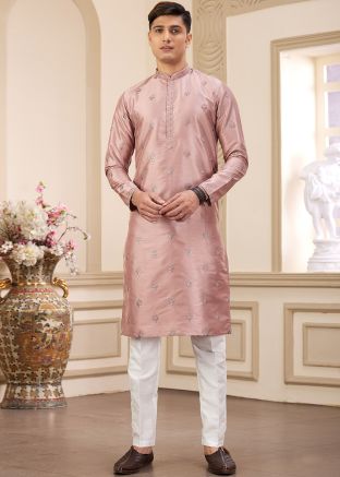 Pink Embroidered Kurta Pajama In Art Silk