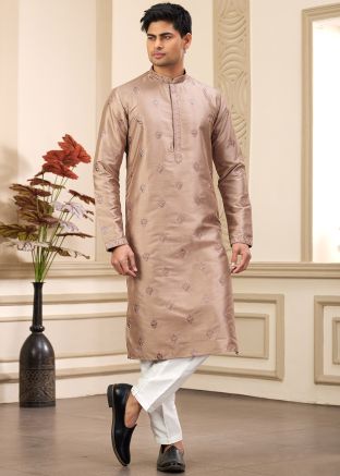 Brown Embroidered Kurta Pajama In Art Silk