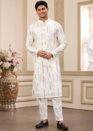 White Embroidered Art Silk Kurta Pajama