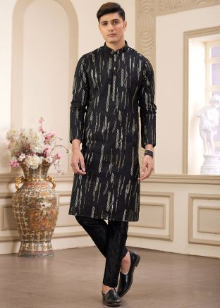 Black Embroidered Men Kurta Pajama