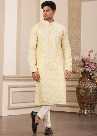 Yellow Embroidered Kurta Pajama In Art Silk