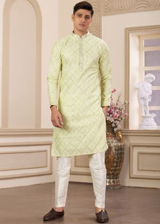 Green Embroidered Men Kurta Pajama