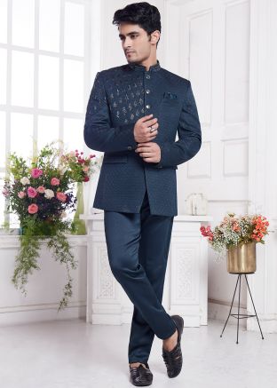 Teal Green Woven Bandhgala Jodhpuri Jacket