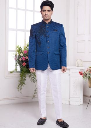 Readymade Blue Woven Bandhgala Jodhpuri Jacket