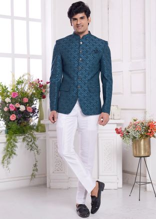 Readymade Blue Woven Bandhgala Jodhpuri Jacket
