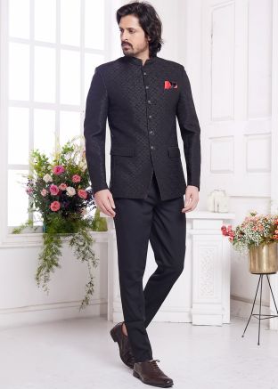 Black Men Woven Bandhgala Jodhpuri Jacket