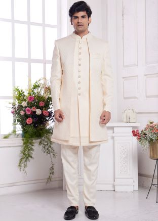 Cream Men Indo Western Sherwani In Jacquard