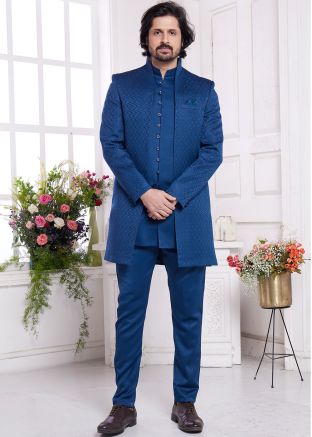 Blue Woven Jacket Style Indo Western Sherwani