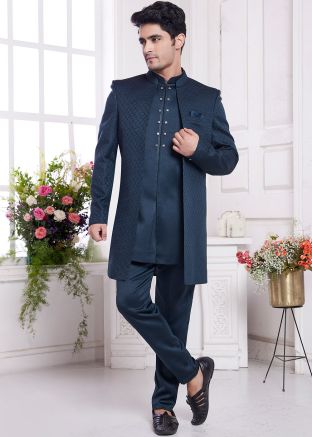 Dark Blue Woven Jacket Style Indo Western Sherwani