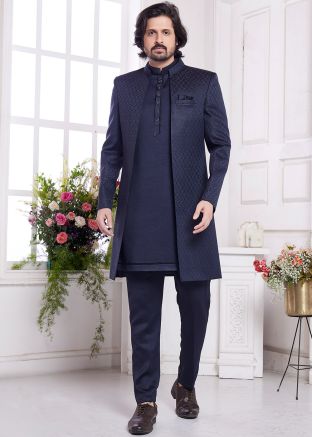 Navy Blue Woven Jacket Style Indo Western Sherwani