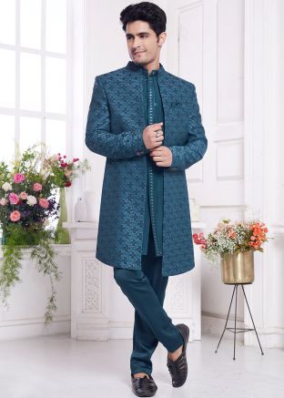 Teal Blue Embroidered Indo Western Sherwani Set
