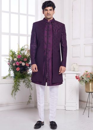 Purple Embroidered Indo Western Sherwani Set