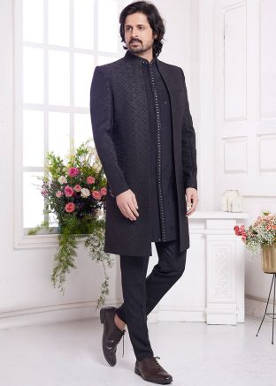 Black Embroidered Indo Western Sherwani Set