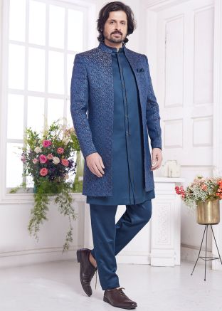 Blue Woven Jacket Style Indo Western Sherwani