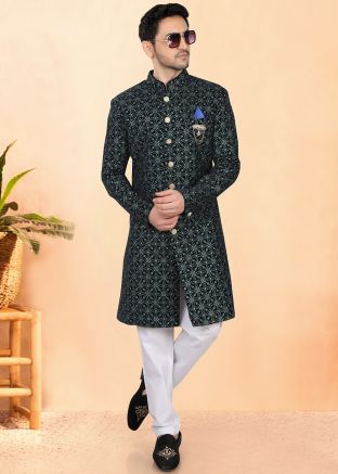 Black Embroidered Indo Western Sherwani Set