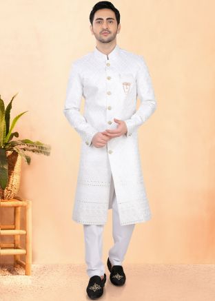 White Embroidered Men Indo Western Sherwani