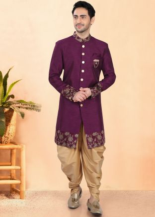 Purple Woven Dhoti With Sherwani