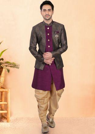 Purple Woven Indo Western Sherwani In Jacket Style