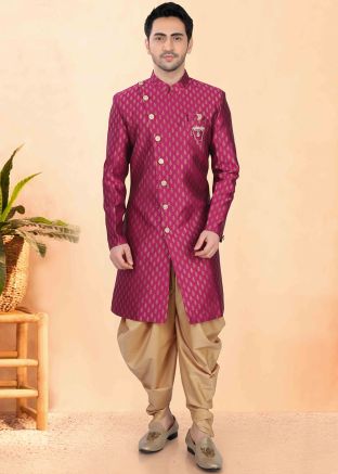 Magent Woven Dhoti With Sherwani