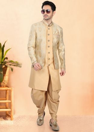 Golden Woven Dhoti With Sherwani In Jacket Style