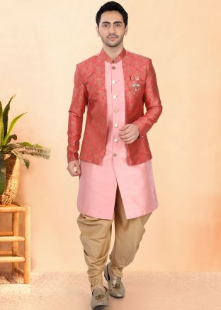 Pink Woven Dhoti With Sherwni In Jacket Style