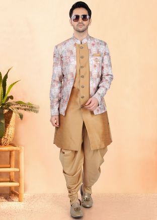 Golden Woven Dhoti With Sherwani In Jacket Style