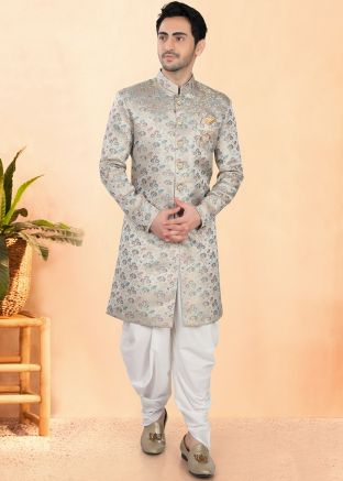 Grey Woven Dhoti With Sherwani In Jacquard
