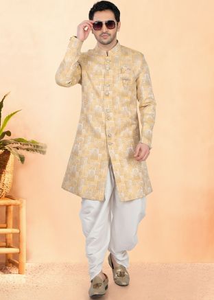 White Woven Dhoti With Sherwani