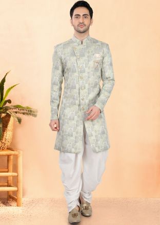 Grey Woven Dhoti With Sherwani In Jacquard