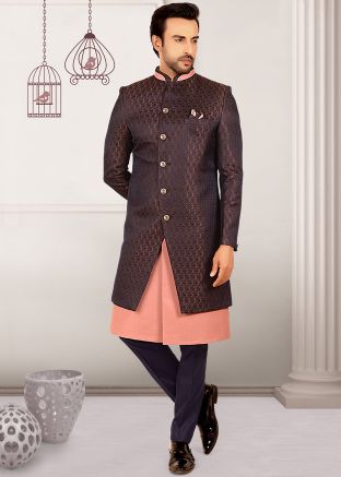 Peach Men Woven Jacket Style Indo Western Sherwani