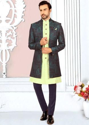 Green Woven Men Indo Western Sherwani