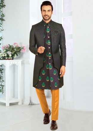 Blue Woven Men Indo Western Sherwani In Rayon