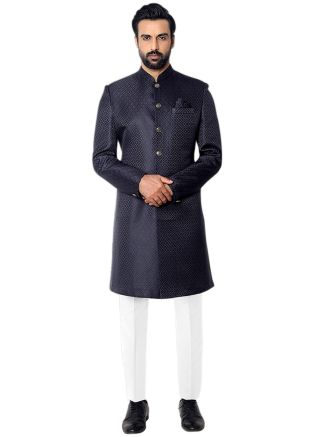 Black Men Indo Westtern Sherwani In Jacquard