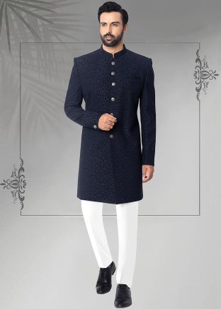 Blue Woven Men Indo Western Sherwani