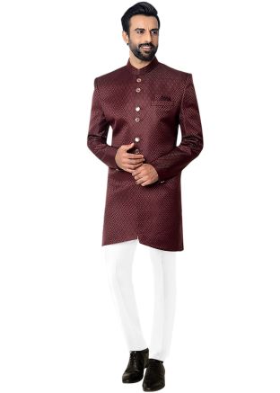 Maroon Men Woven Indo Western Sherwani