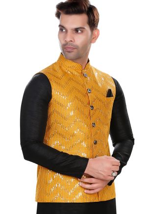 Yellow Embroidered Nehru Jacket In Jacquard