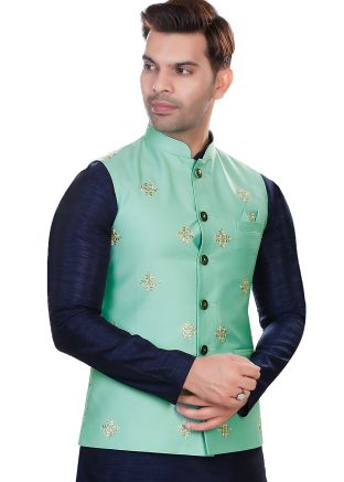 Green Embroidered Men Nehru Jacket In Rayon