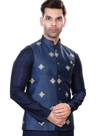 Blue Embroidered Nehru Jacket In Rayon