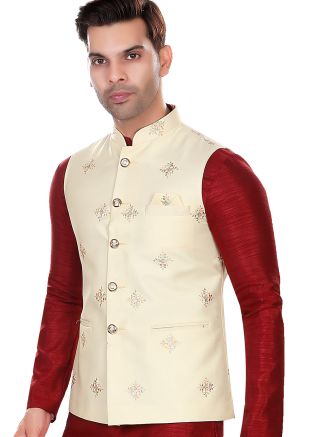 Cream Embroidered Rayon Nehru Jacket