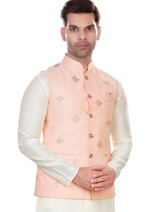 Pink Embroidered Men Nehru Jacket