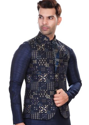 Blue Men Nehru Jacket In Rayon