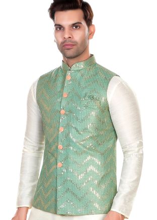 Green Embroidered Jacquard Nehru Jacket