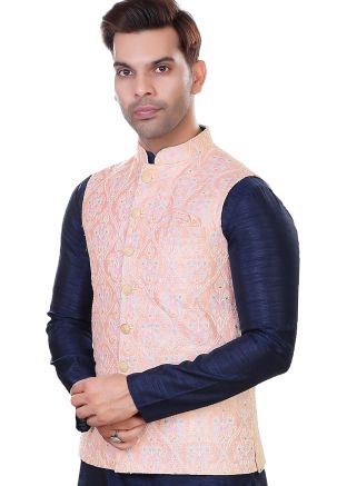 Pink Woven Men Nehru Jacket In Brocade