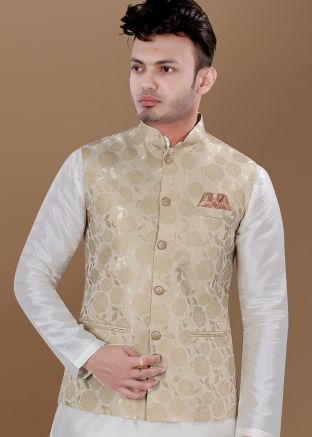 Golden Woven Nehru Jacket In Brocade